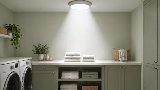 Laundry room with stacked towels, green cabinets, and natural light from ceiling fixture