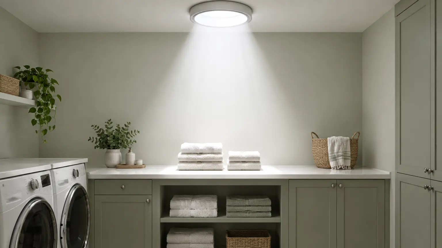 Laundry room with stacked towels, green cabinets, and natural light from ceiling fixture