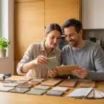 Couple examining color samples at kitchen table with wooden cabinets and potted plants nearby