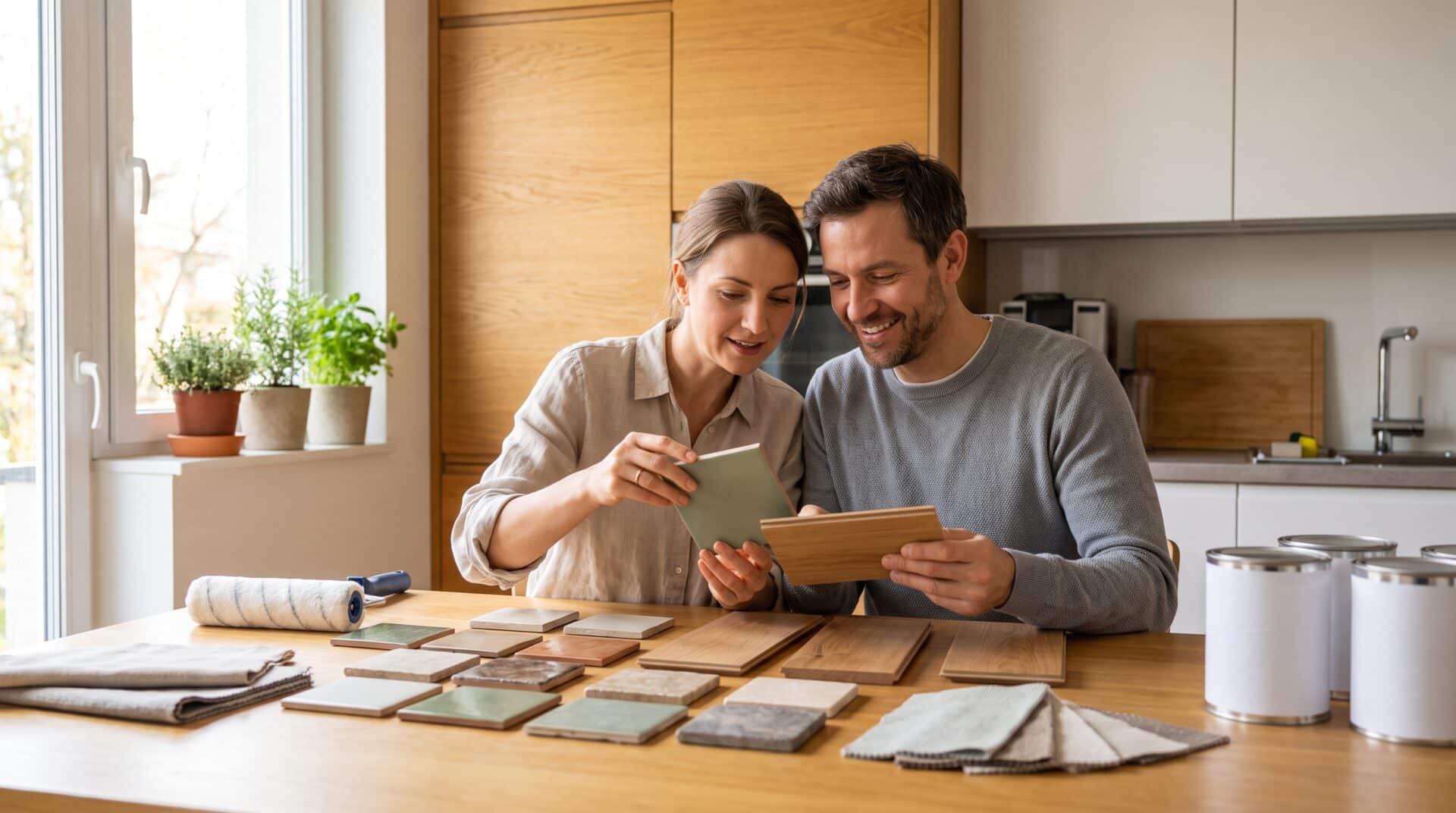 Couple examining color samples at kitchen table with wooden cabinets and potted plants nearby