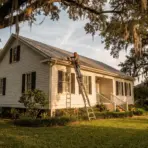 Man repairing roof on white house with ladder among oak trees in evening light