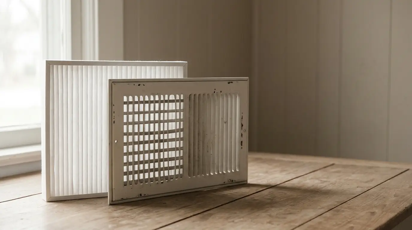 Air filter next to grill vent on wooden table in softly lit room