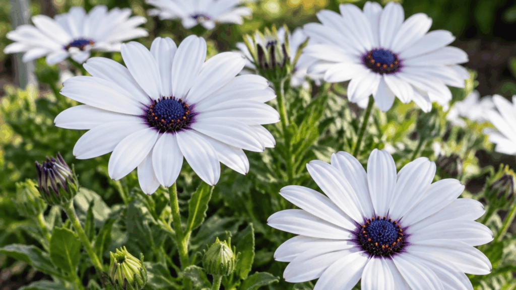 white African daisy flowers with deep blue centers blooming in a sunny garden bed