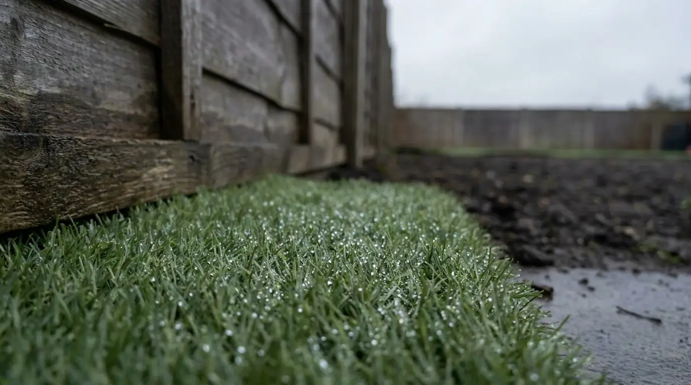Dew-covered grass beside weathered wooden fence in overcast outdoor setting