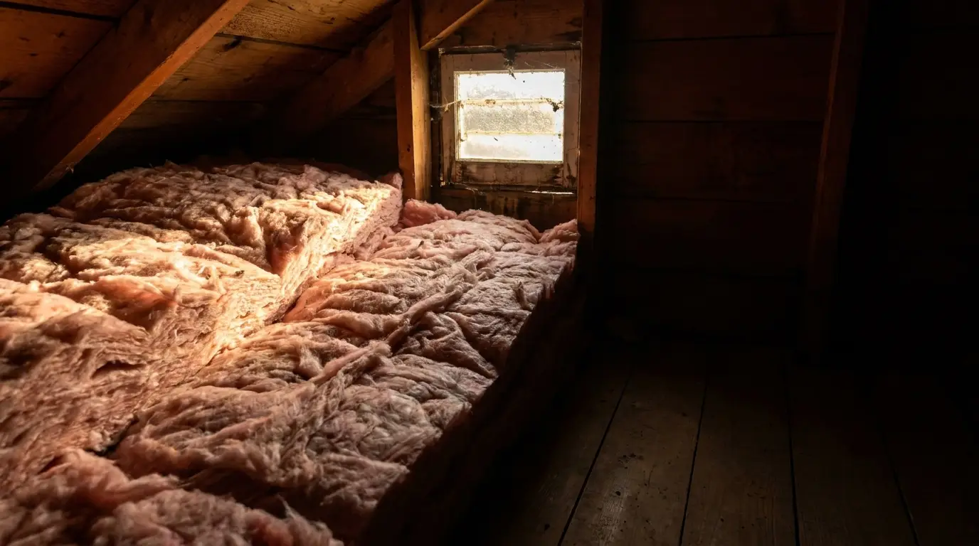 Pink fiberglass insulation in a dimly lit attic with small wooden window