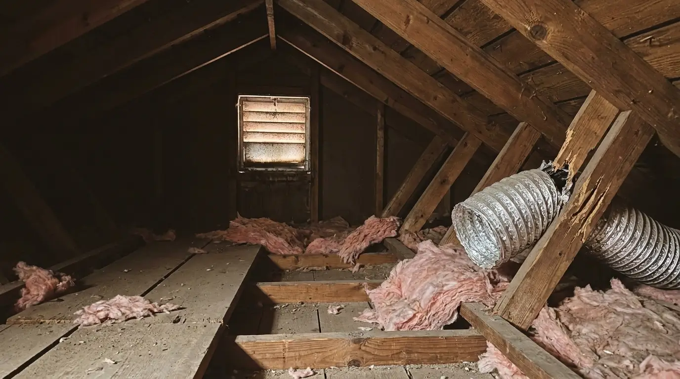 Dusty attic with exposed insulation and metal ductwork under dim lighting