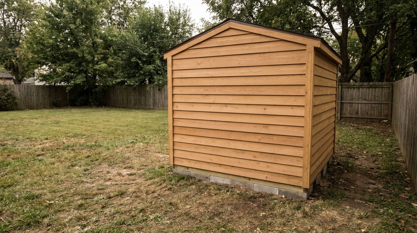 Wooden garden shed in fenced backyard surrounded by trees and grass lawn