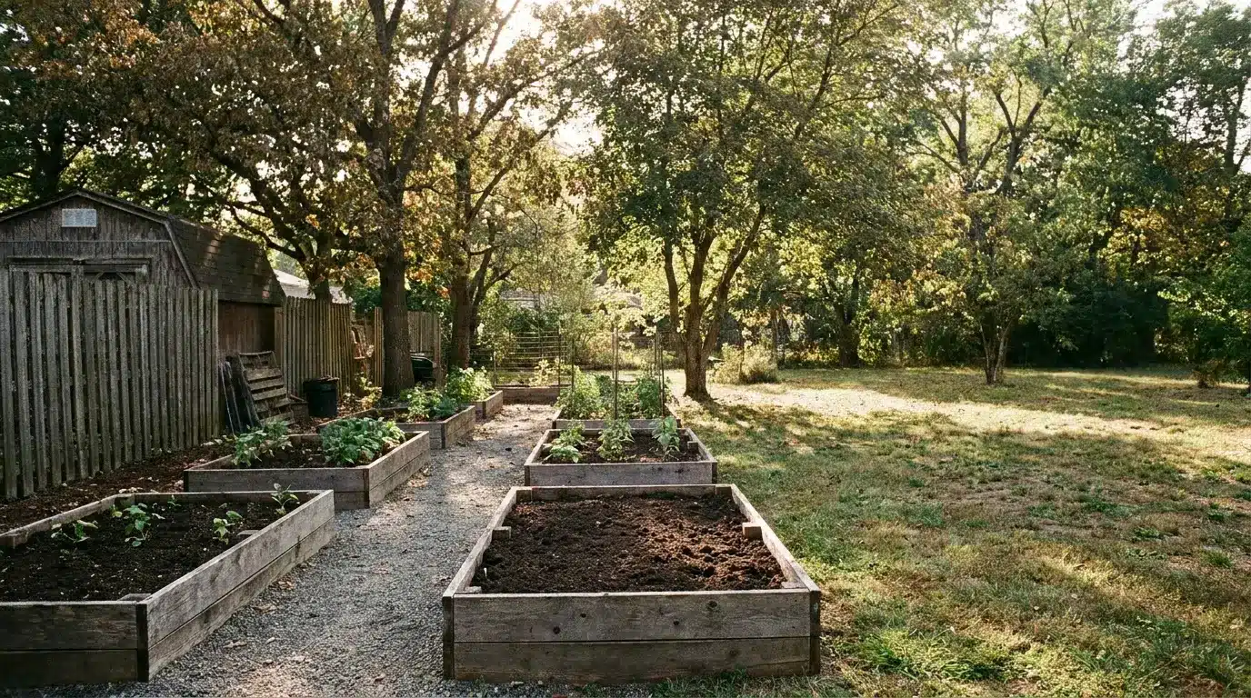 Raised garden beds with fresh soil and plants in sunny backyard surrounded by trees