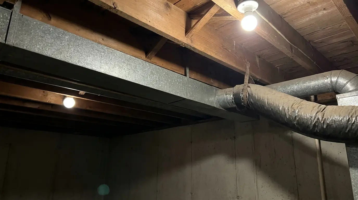 Exposed metal ductwork and ceiling beams with bright overhead lighting in an unfinished basement