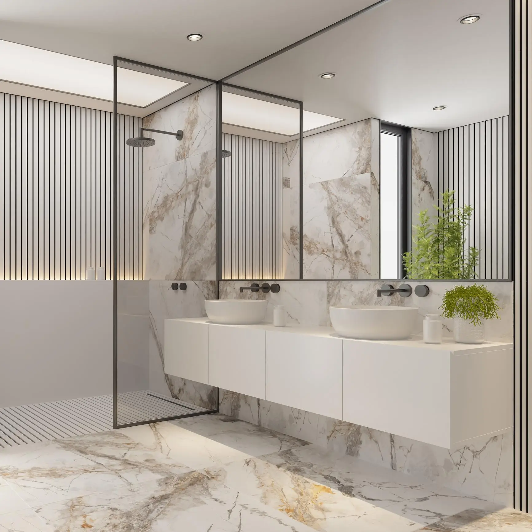 Modern bathroom with marble tile walls and floor, double sink vanity, glass shower enclosure