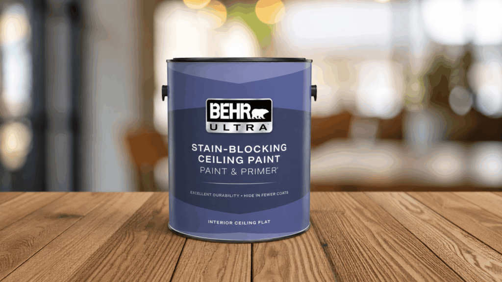 behr ultra stain blocking ceiling paint sitting on a wooden table in a softly lit room