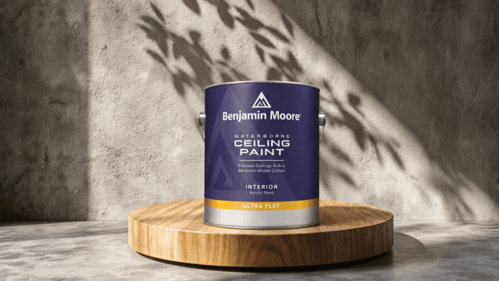 benjamin moore waterborne ceiling paint displayed on a wooden platform with warm natural shadows