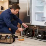 Technician repairing refrigerator compressor in modern kitchen with tools on marble floor