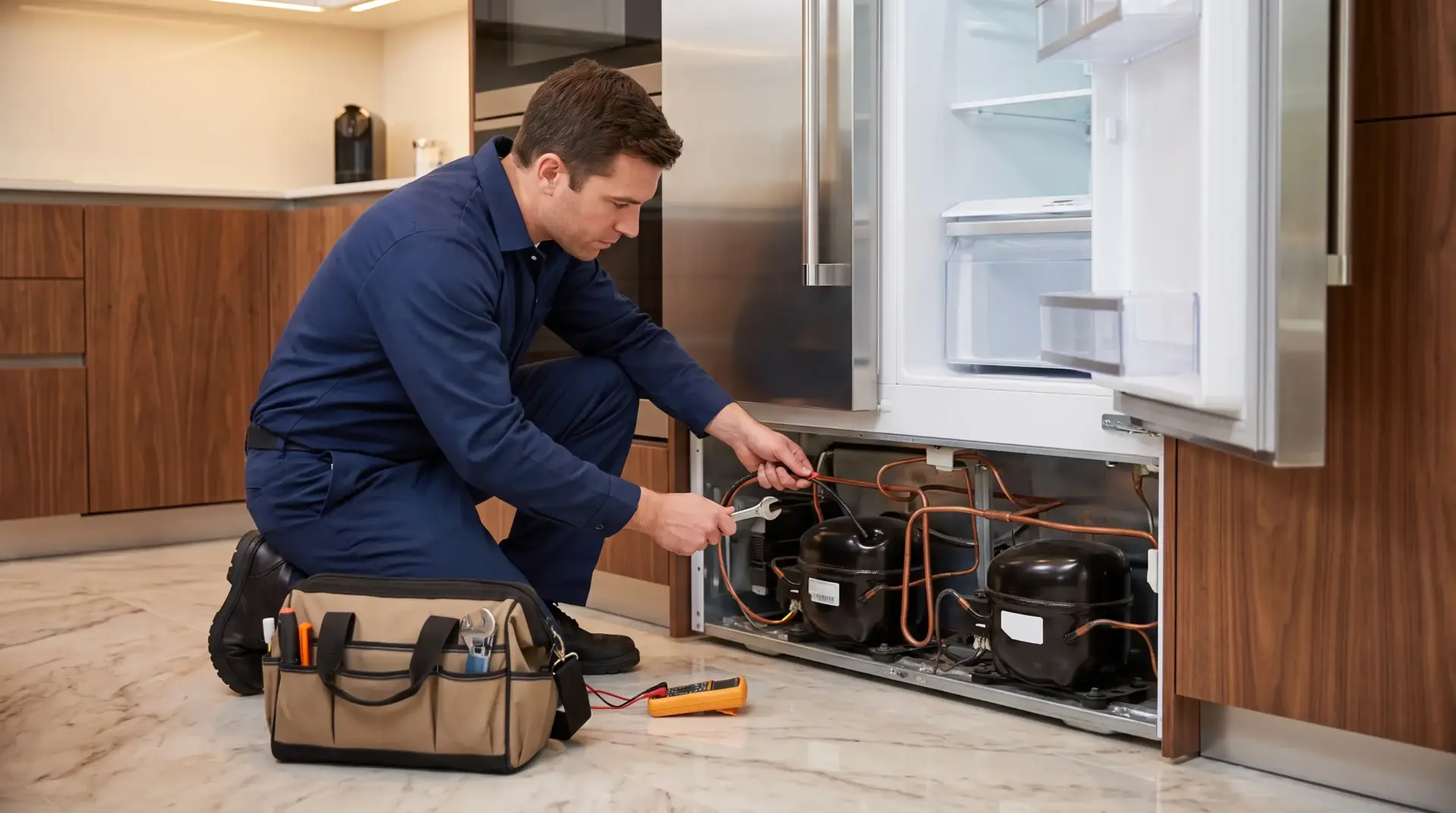 Technician repairing refrigerator compressor in modern kitchen with tools on marble floor
