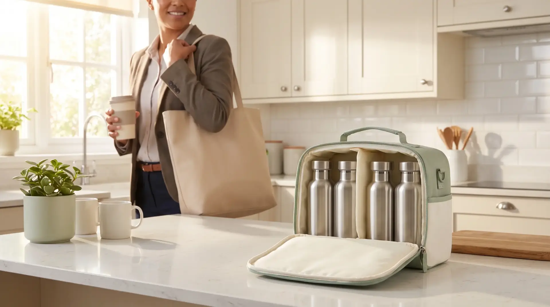 Person holding coffee and tote bag in modern kitchen with insulated bag and stainless steel bottles