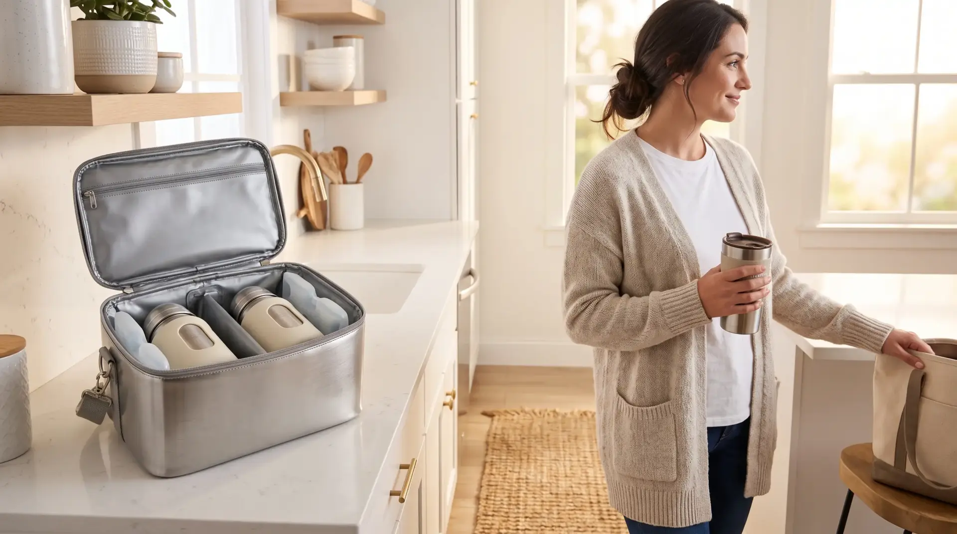 Woman holding travel mug in bright kitchen with open insulated lunch bag on counter