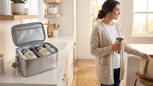 Woman holding travel mug in bright kitchen with open insulated lunch bag on counter