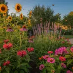 Vibrant summer flowers in a sunny garden with sunflowers and bees in flight