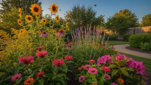 Vibrant summer flowers in a sunny garden with sunflowers and bees in flight