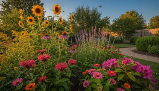 Vibrant summer flowers in a sunny garden with sunflowers and bees in flight