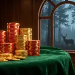 Stacks of gold and red poker chips on green velvet table in a wooden room with forest view