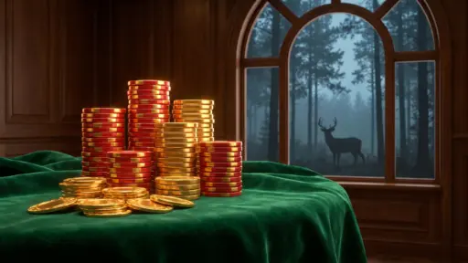 Stacks of gold and red poker chips on green velvet table in a wooden room with forest view