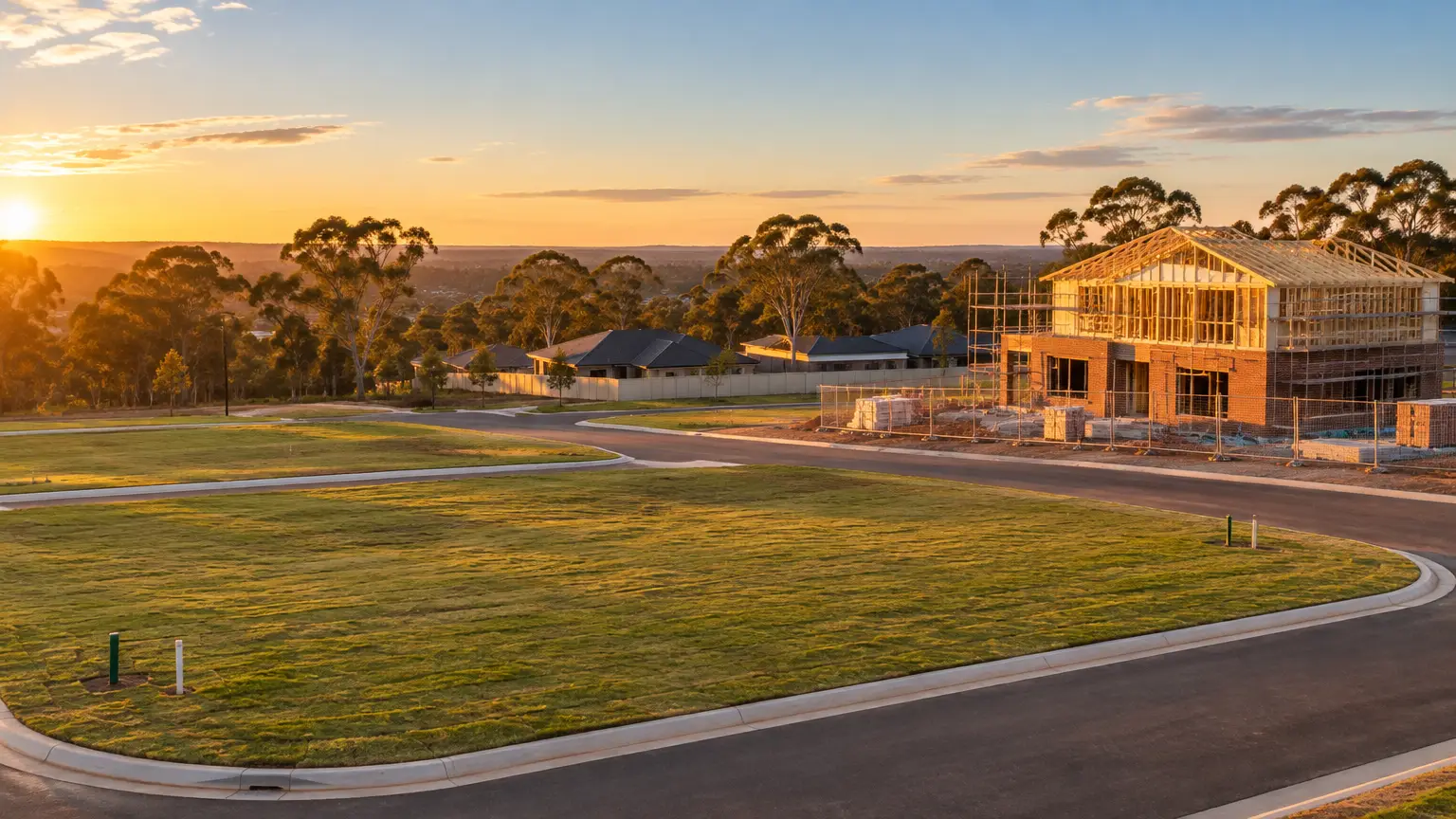 New house under construction with wooden framework in suburban area at sunset