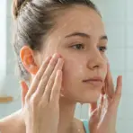 Woman applying facial cleanser in a bright bathroom with white tiles and natural light