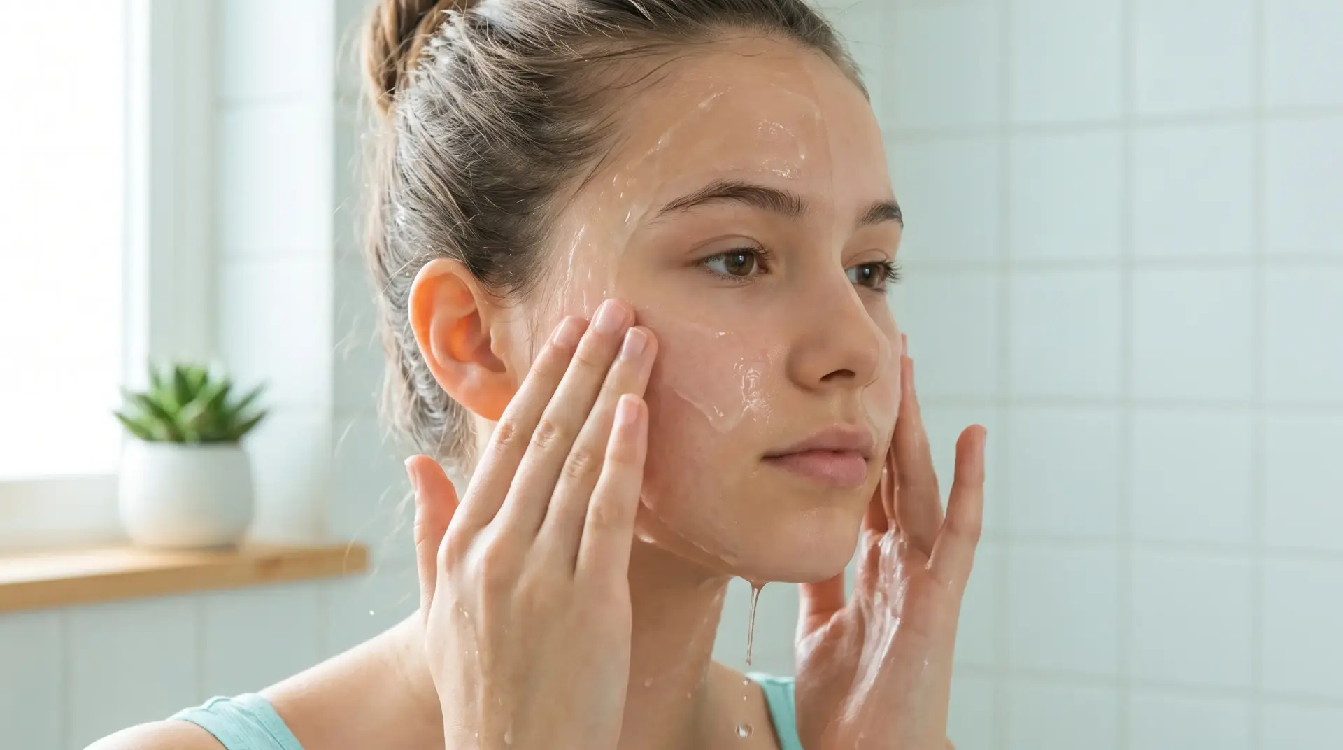 Woman applying facial cleanser in a bright bathroom with white tiles and natural light