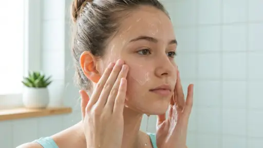 Woman applying facial cleanser in a bright bathroom with white tiles and natural light