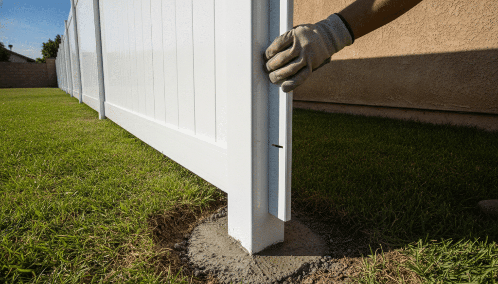 White vinyl fence installation with gloved hand securing post on sunny lawn