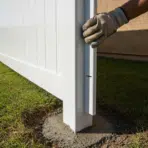White vinyl fence installation with gloved hand securing post on sunny lawn