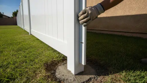 White vinyl fence installation with gloved hand securing post on sunny lawn