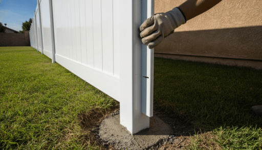 White vinyl fence installation with gloved hand securing post on sunny lawn