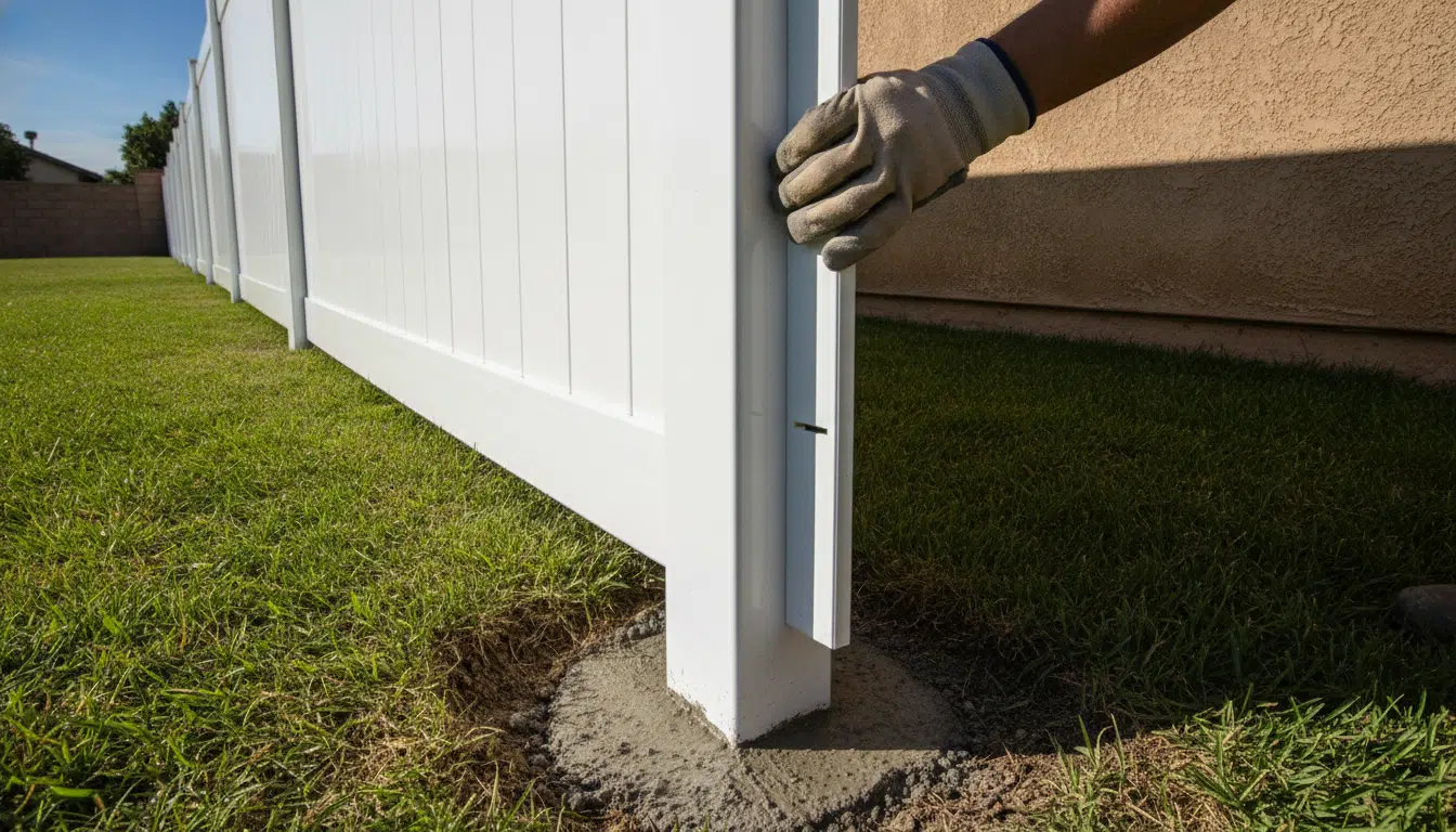 White vinyl fence installation with gloved hand securing post on sunny lawn