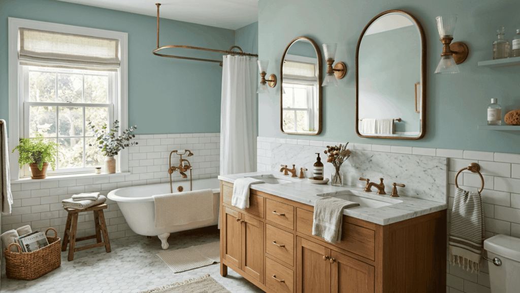 woodlawn blue bathroom with white tile marble warm wood cabinetry and soft brass fixtures