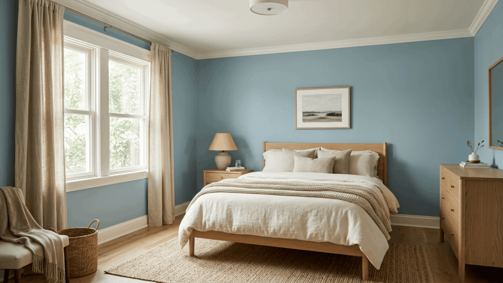 woodlawn blue bedroom with cream bedding warm white trim natural linen and light wood furniture