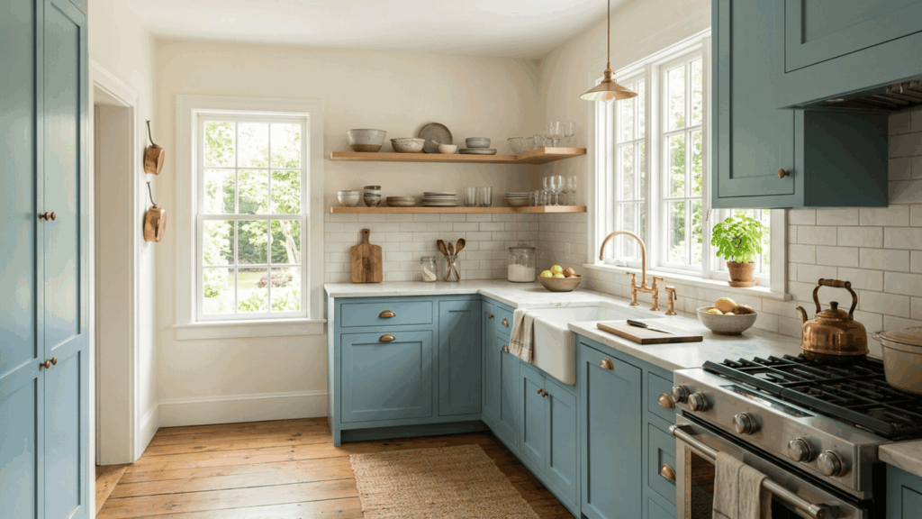 woodlawn blue kitchen cabinets with light stone counters warm white walls wood accents and brass hardware