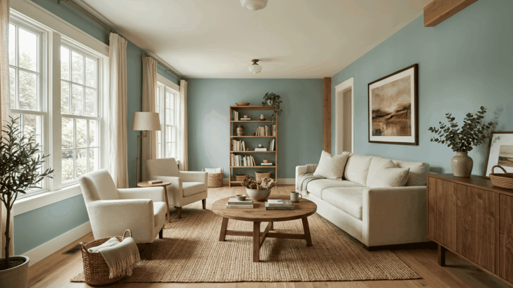 woodlawn blue living room with cream seating warm wood furniture woven textures and white trim