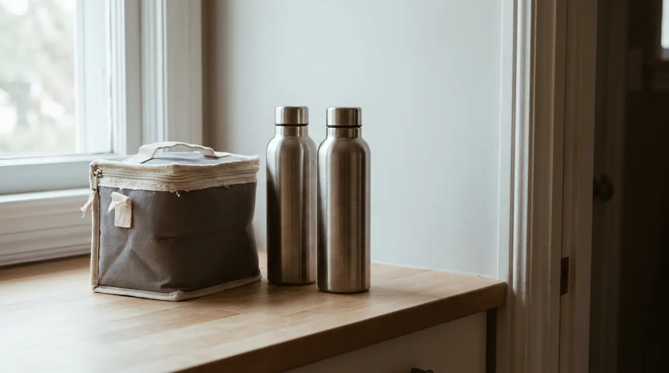 Two stainless steel water bottles and canvas lunch bag on wooden countertop in natural light