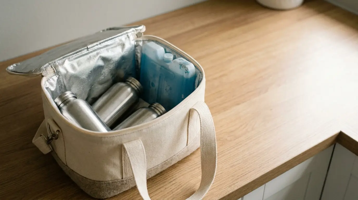 Insulated lunch bag with stainless steel bottles and ice pack on wooden countertop