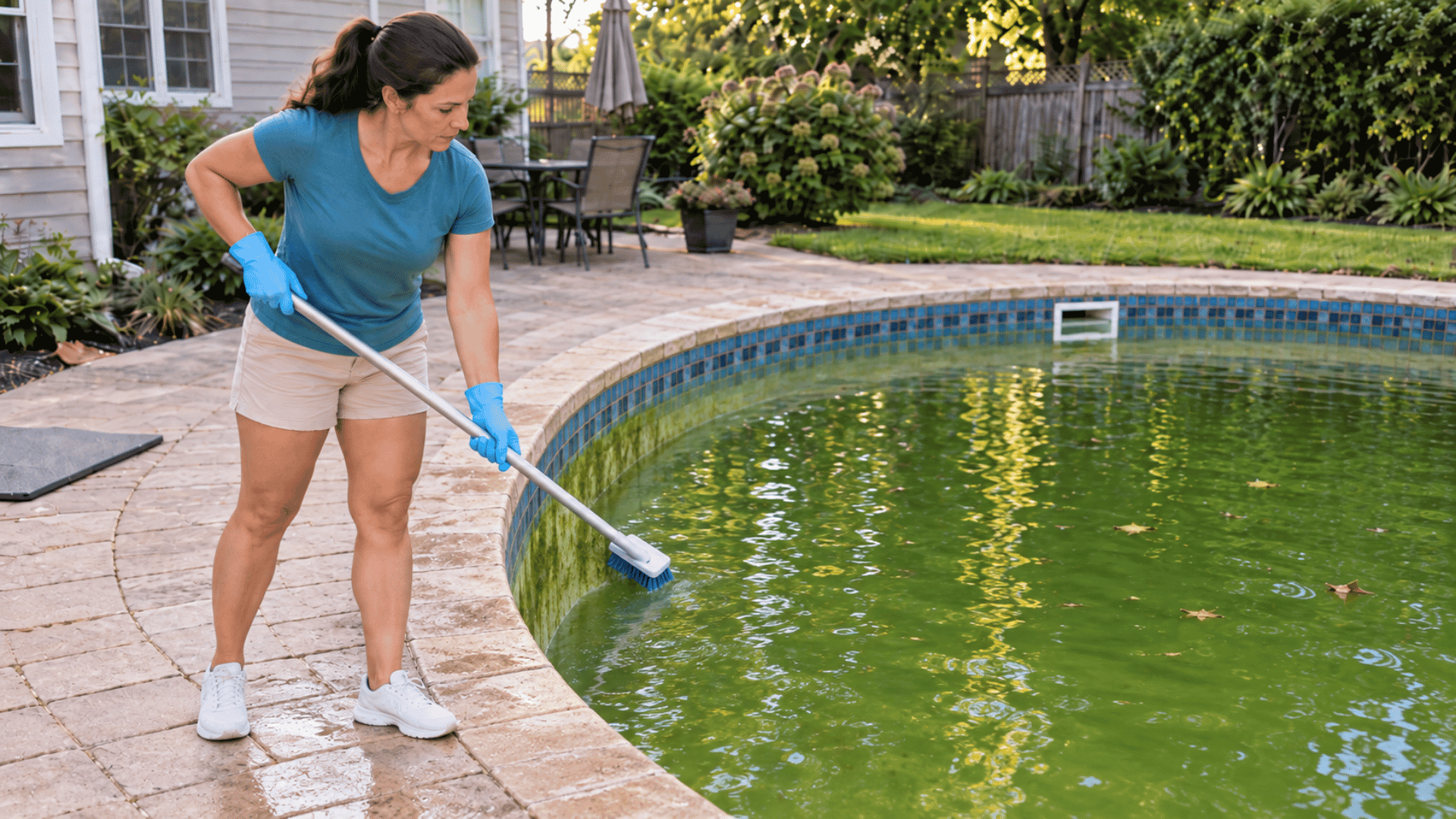 woman brushing visible green algae from the wall and steps of a backyard swimming pool