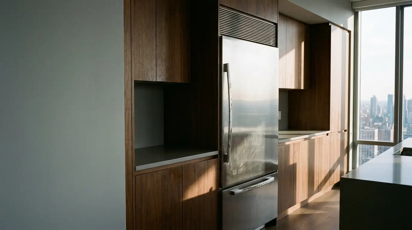 Modern kitchen with stainless steel refrigerator and wooden cabinets in high-rise city apartment