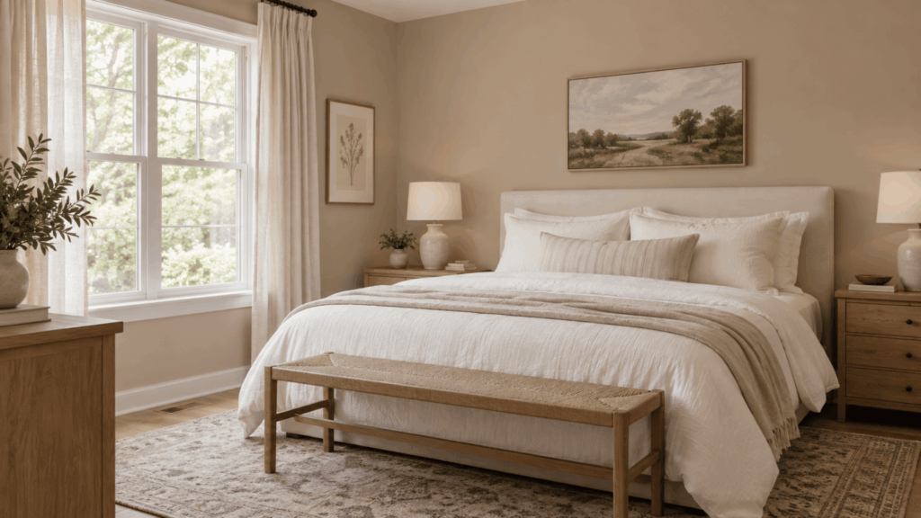 bungalow beige bedroom with ivory bedding natural linen warm wood furniture and muted earthy accents