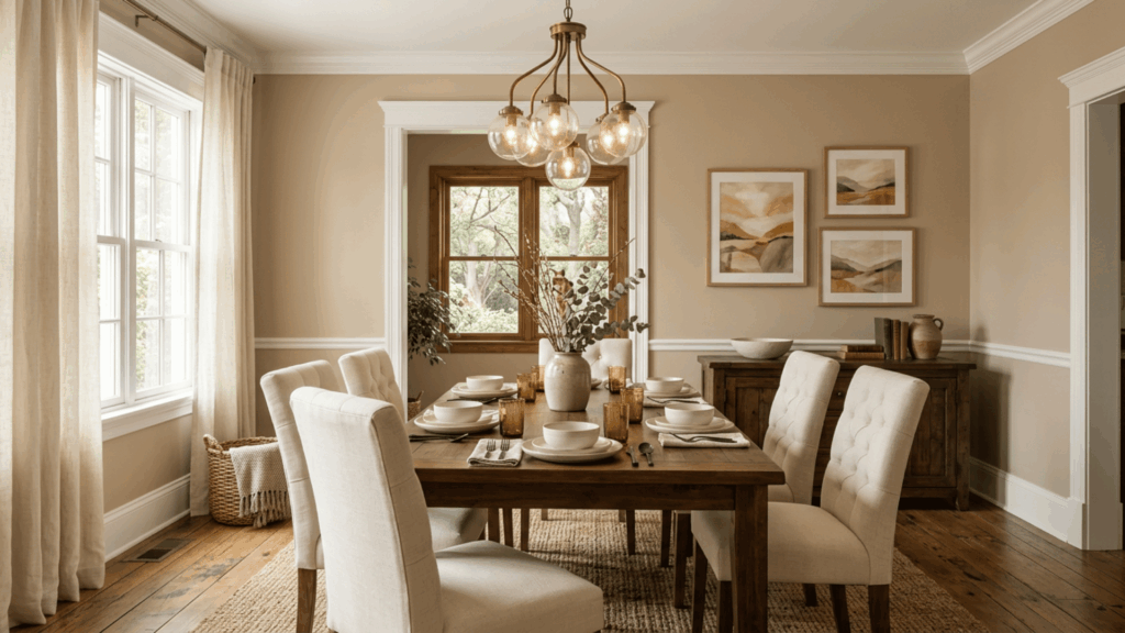 bungalow beige dining room with dark wood table cream textiles warm lighting and earthy decor