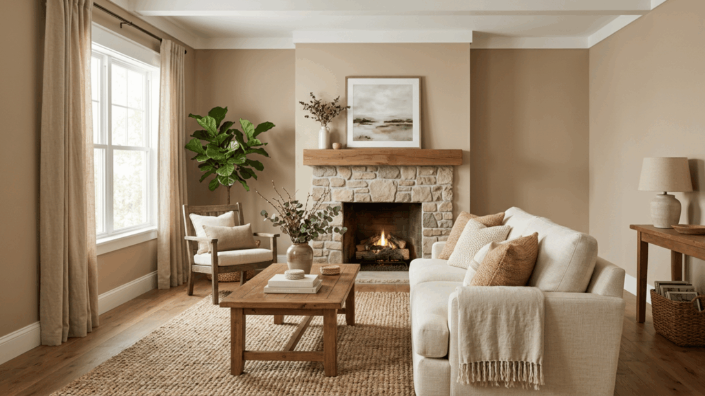 bungalow beige living room with cream sofa medium wood furniture woven rug and natural textures