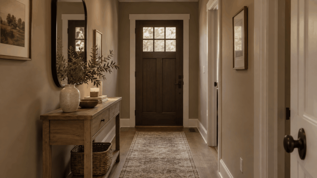bungalow beige hallway with soft white trim warm wood console neutral runner and simple decor