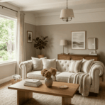 bungalow beige living room with cream seating warm wood furniture linen curtains and soft white trim