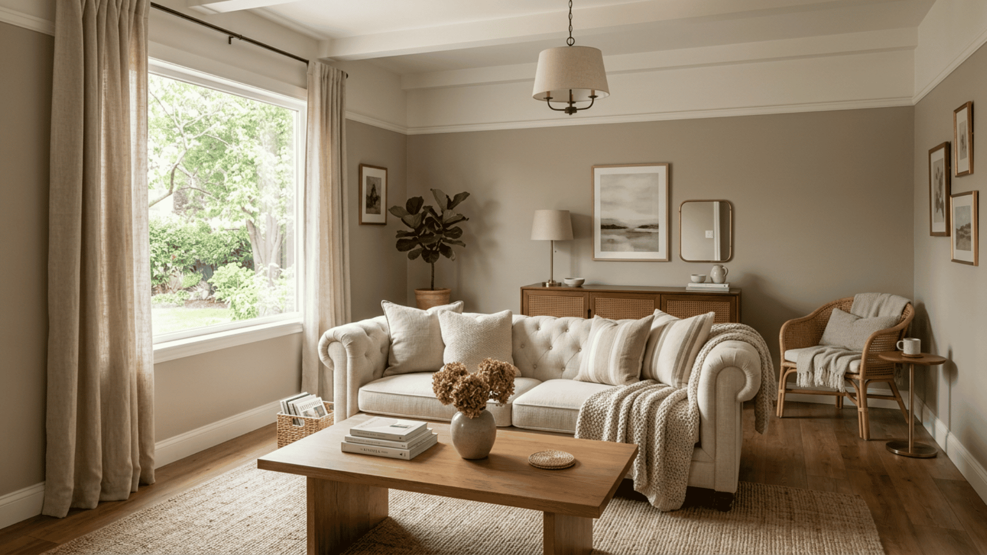 bungalow beige living room with cream seating warm wood furniture linen curtains and soft white trim