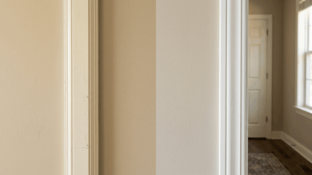 bungalow beige wall compared with creamy white and cleaner white trim under the same natural light